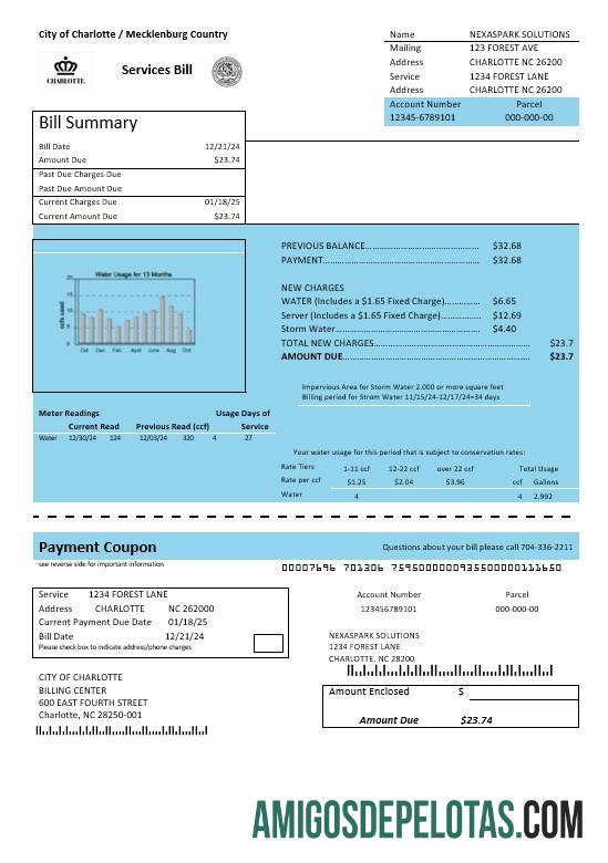 realista Modelo de conta de serviços públicos de água, cidade de Charlotte, EUA, Carolina do Norte, em formatos Word e PDF